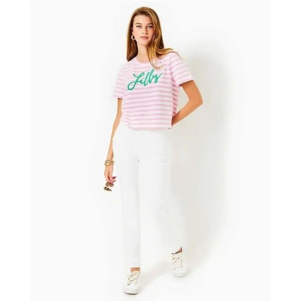 Lilly Pulitzer Keenan T-shirt Top Striped Print Bead Embellished Cotton M 288207